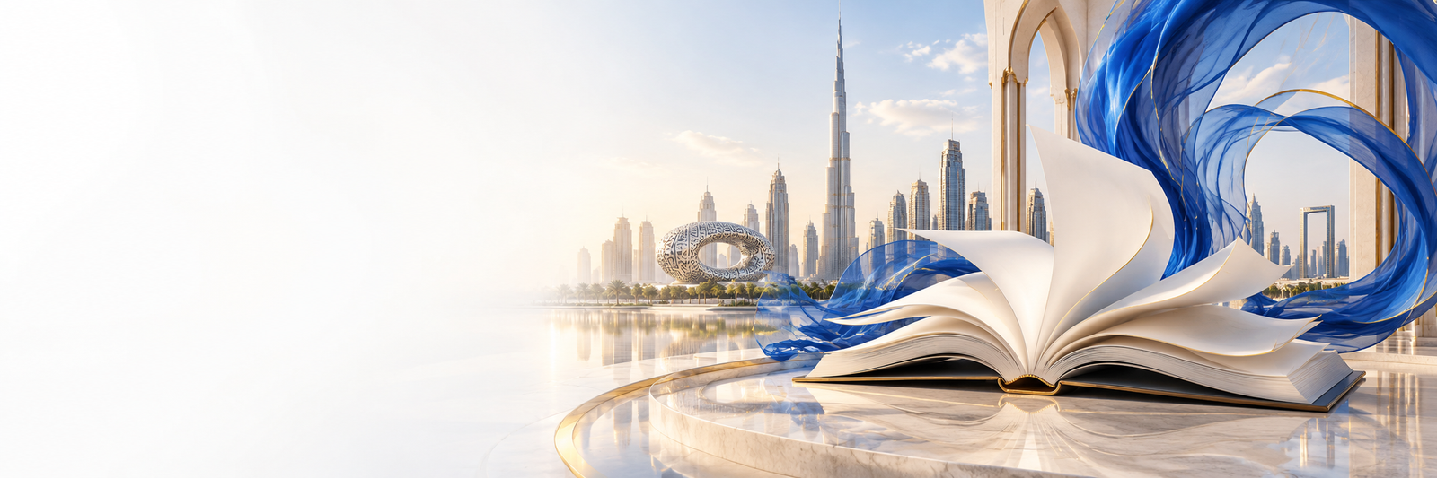 An open book and royal-blue silk against Dubai's skyline, an artistic cultural scene without people