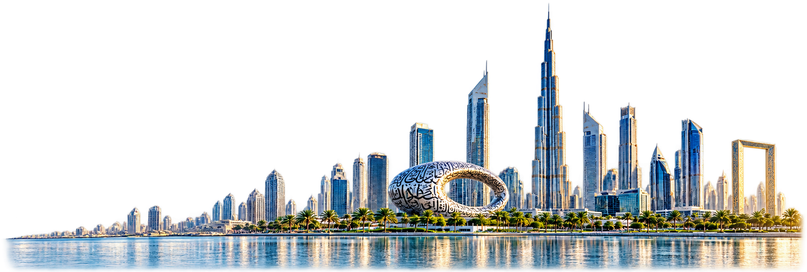Dubai skyline with Burj Khalifa, Museum of the Future and Dubai Frame